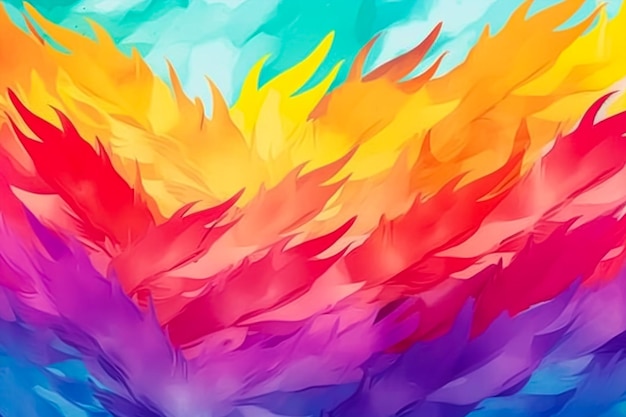 Una pintura colorida de plumas coloridas con la palabra fuego.