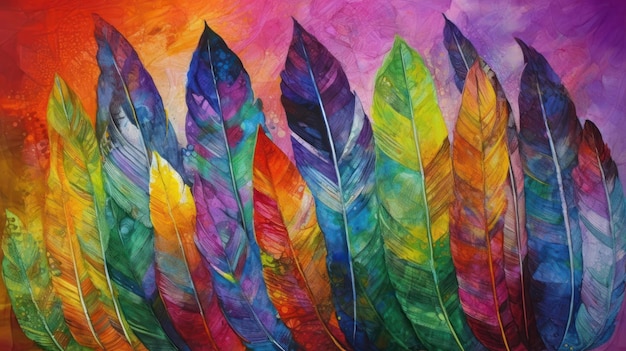 Una pintura colorida de plumas con la palabra plumas.