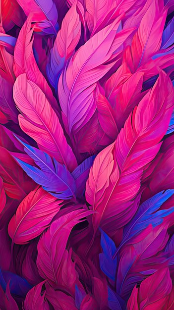 Una pintura colorida de plumas que son moradas y rosadas.