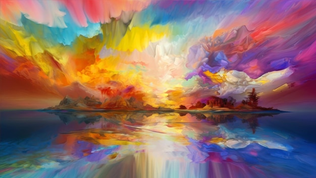 Una pintura colorida de una puesta de sol con un arco iris en el cielo.