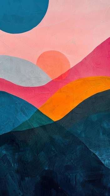 una pintura colorida de una puesta de sol con el sol detrás de ella
