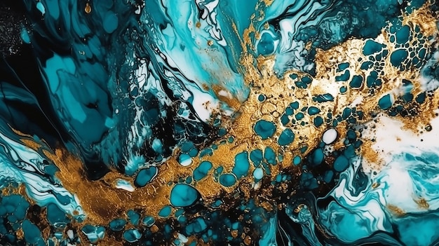 Una pintura colorida de un remolino azul y dorado.