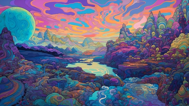 Una pintura colorida de un río con montañas al fondo.