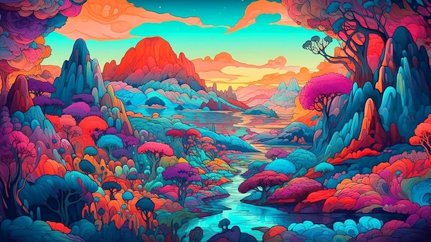 Una pintura colorida de un río rodeado de árboles y montañas.