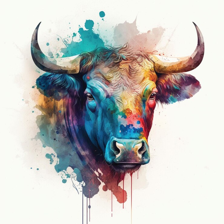 Una pintura colorida de un toro con un cuerno grande y un cuerno grande.