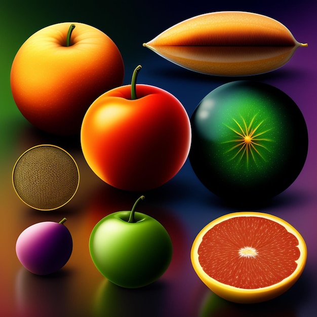 Una pintura colorida de una variedad de frutas que incluye pomelo, pomelo y naranja.