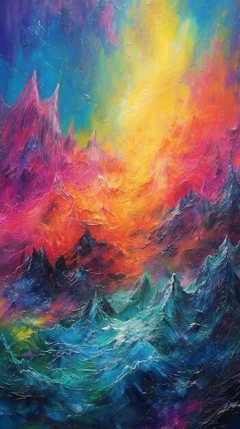 Pintura de un colorido atardecer sobre una cordillera generativa ai