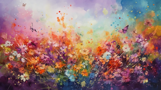 Una pintura de un colorido campo de flores con un cielo azul de fondo.