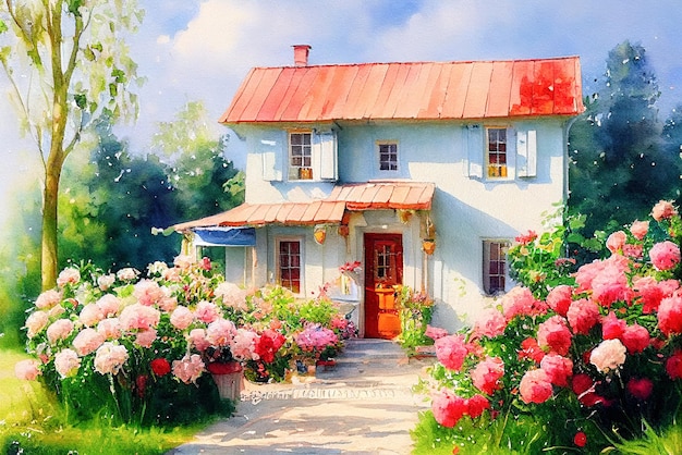 Pintura com canteiros de flores de uma casa