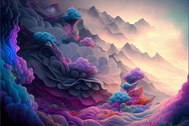 Pintura com nuvens e montanhas ao fundo generative ai