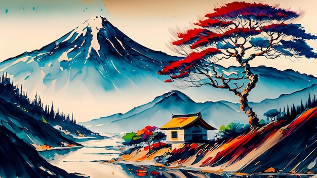 Pintura com tinta chinesa Montanhas majestosas Florestas exuberantes