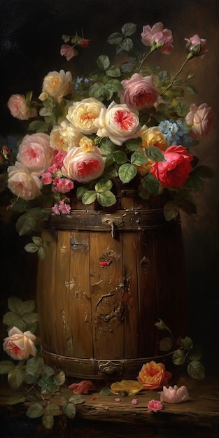 Pintura com um barril velho em um peitoril de janela de pedra velha em flores flores geração AI