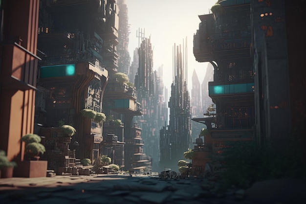 Pintura del concepto creativo del paisaje urbano futurista ecológico AI generativa