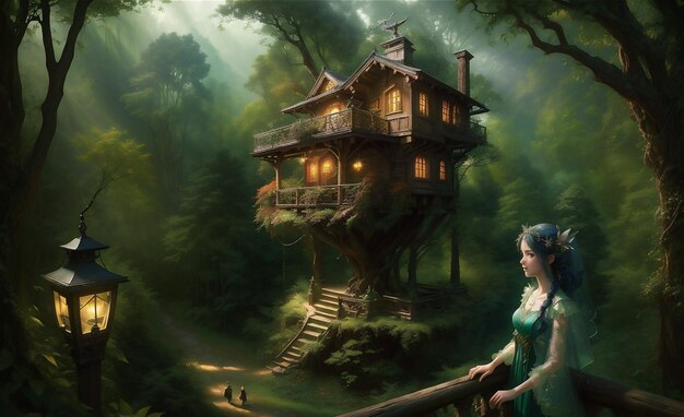 Pintura conceptual artística de una hermosa casa en el árbol Ilustración de fondo Casa misteriosa