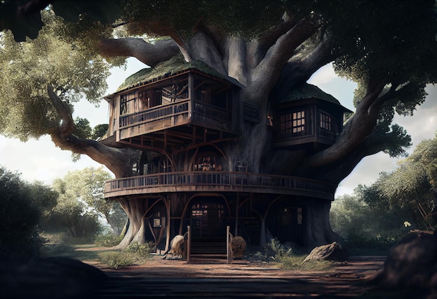 Pintura conceptual artística de un hermoso fondo de casa en el árbol Ilustración 3D Ilustración de alta calidad