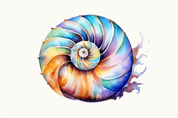 Foto pintura de una concha espiral colorida con pintura de acuarela en ella