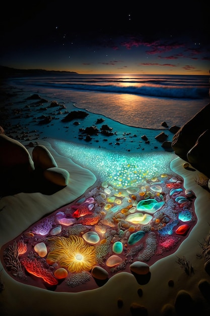 Pintura de conchas en una playa de noche generativa ai.