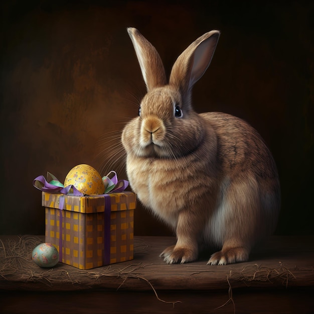 Una pintura de un conejito y una caja con huevos de pascua.