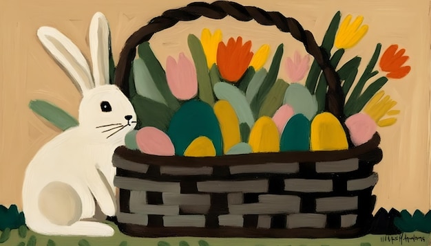 Una pintura de un conejito y una canasta de huevos de pascua.