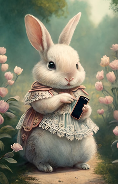 Una pintura de un conejito sosteniendo un teléfono.