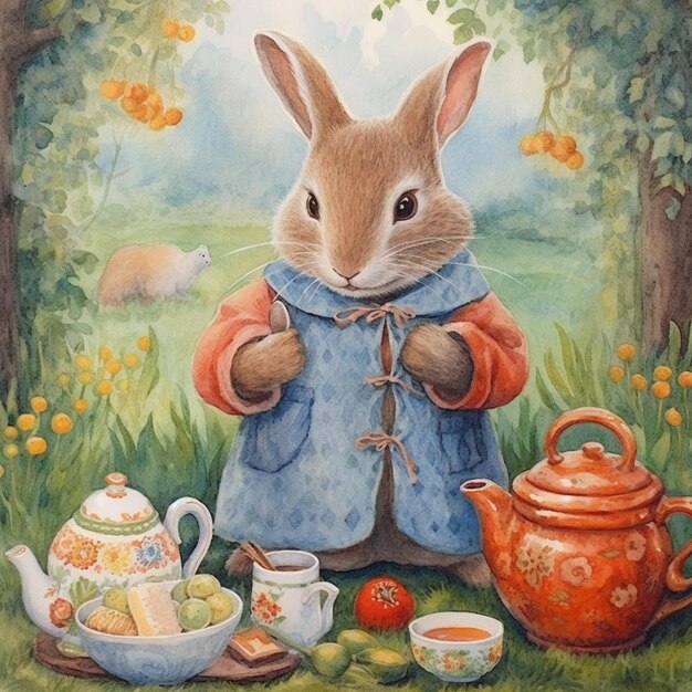 pintura de un conejo en un abrigo azul con té y una tetera generativa ai