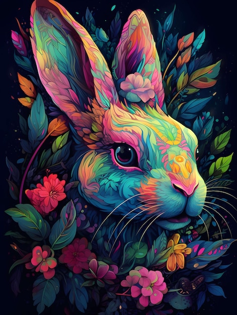 Una pintura de un conejo con la cabeza y los ojos de colores del arco iris.