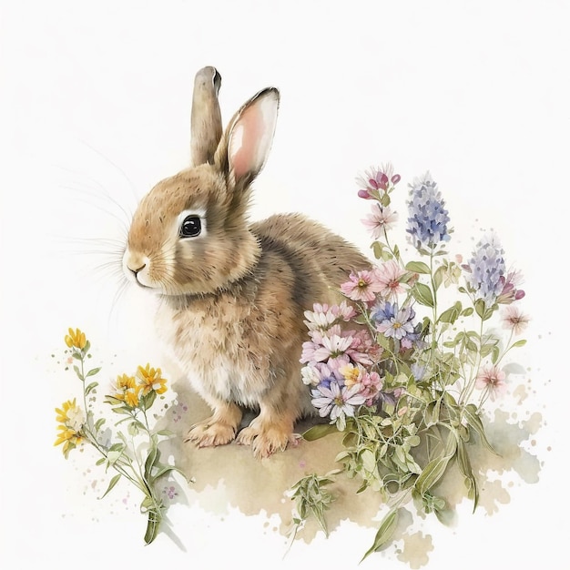 Una pintura de un conejo en un campo de flores.