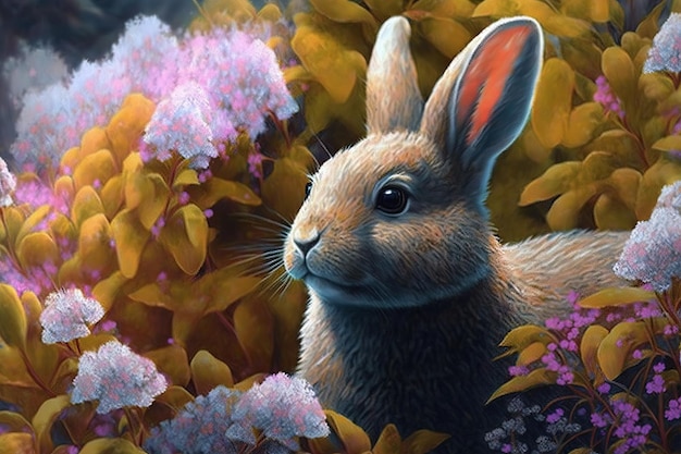 Una pintura de un conejo en un campo de flores.