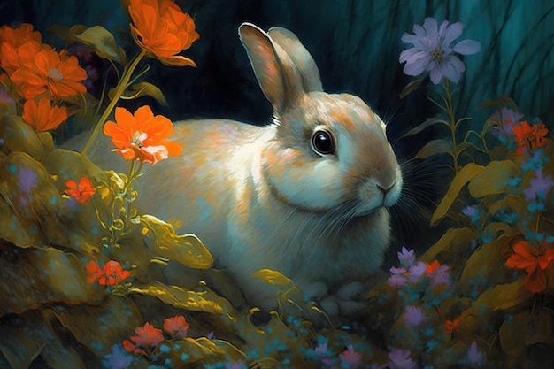 Una pintura de un conejo en un campo de flores.