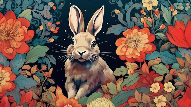 Una pintura de un conejo en flores.