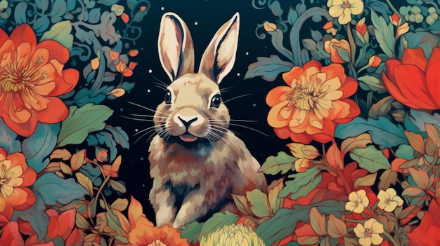 Una pintura de un conejo en flores.