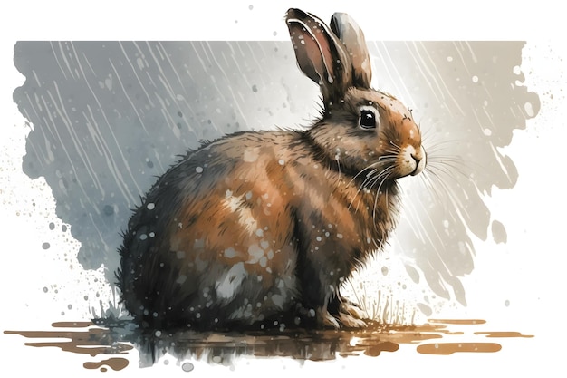 Una pintura de un conejo bajo la lluvia.