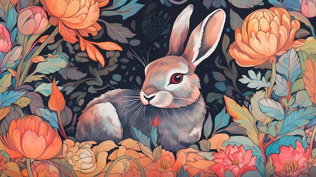 Una pintura de un conejo en un paisaje floral.