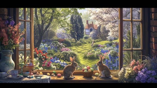 Una pintura de conejo en un paisaje natural con una ventana y una planta