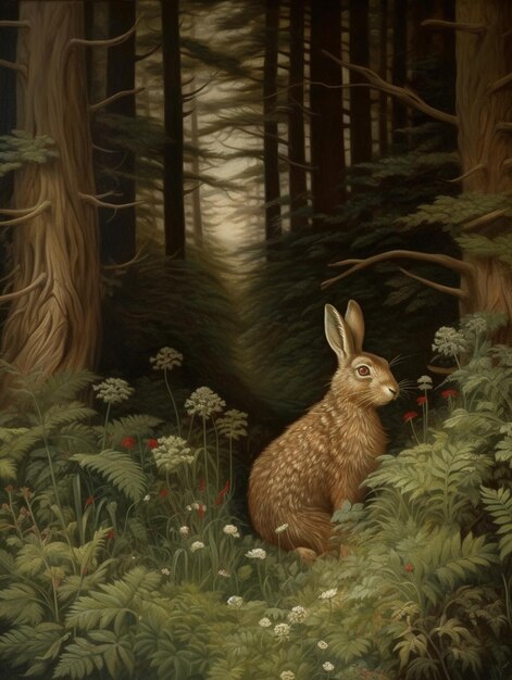 pintura de un conejo sentado en el medio de un bosque generativo ai