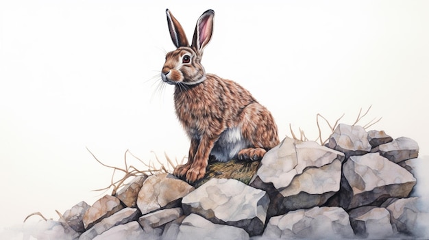 Pintura de un conejo sentado sobre un montón de rocas ai generativo