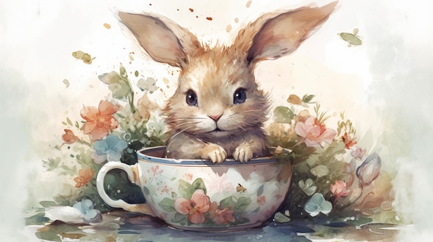 Una pintura de un conejo en una taza de té