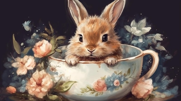 Una pintura de un conejo en una taza de té