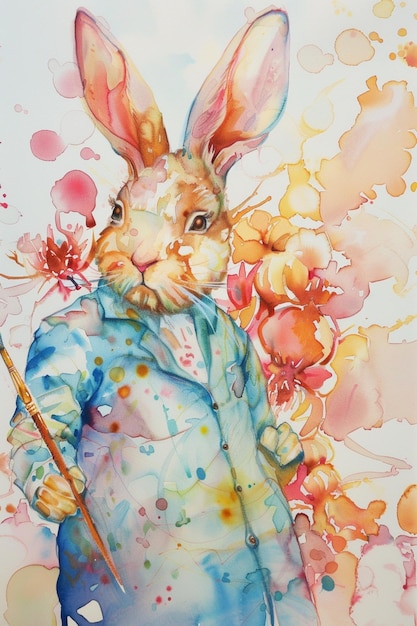 pintura de un conejo vestido con un traje y sosteniendo un pincel generativo ai