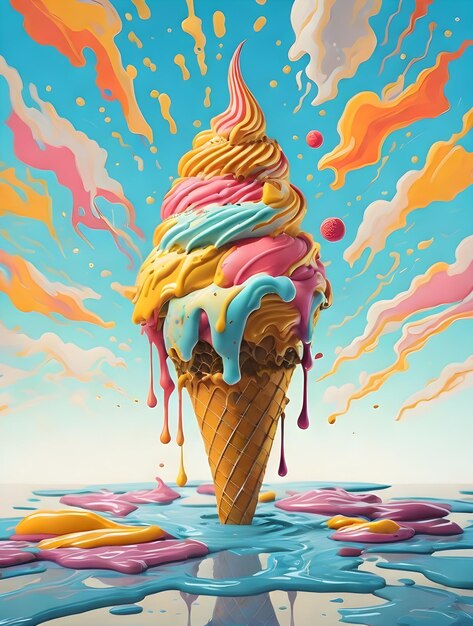 Una pintura de un cono de helado en el agua