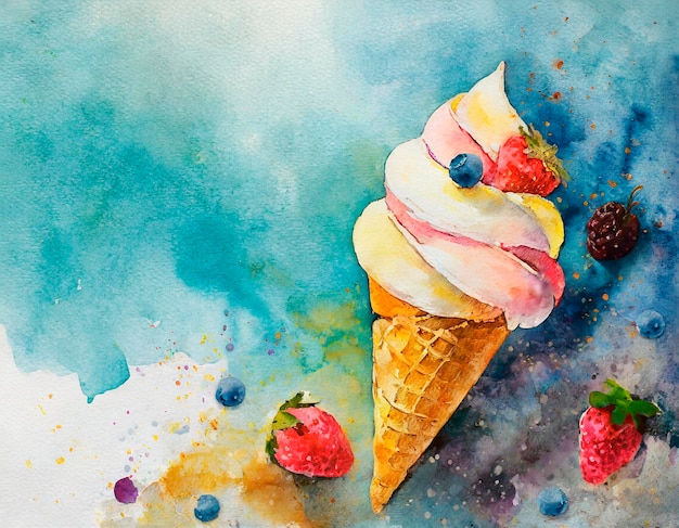 una pintura de cono de helado con bayas y un fondo azul