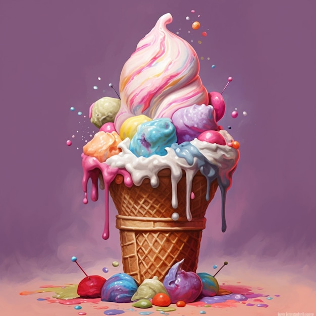 Una pintura de un cono de helado con bolas de colores.