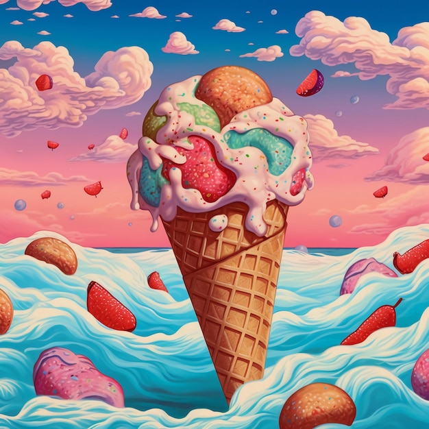 Una pintura de un cono de helado colorido con las palabras helado en él.