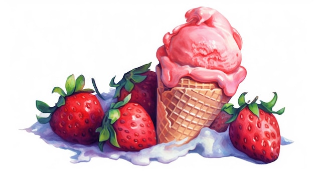 Una pintura de un cono de helado de fresa con una fresa encima.