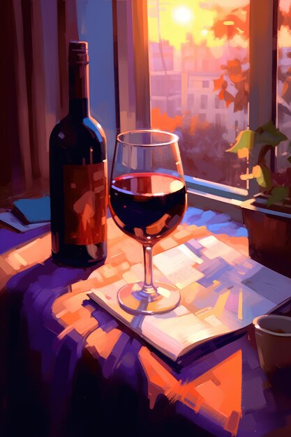 Una pintura de una copa de vino y un libro sobre una mesa.