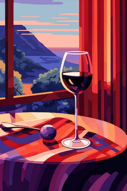 Una pintura de una copa de vino sobre una mesa con vistas a las montañas al fondo.