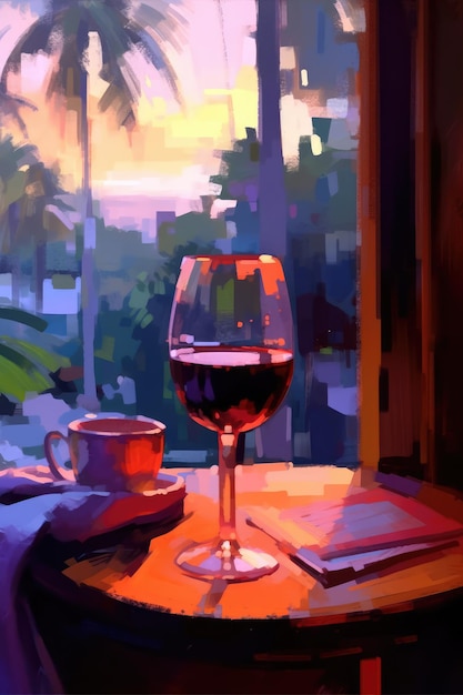 Una pintura de una copa de vino con una vista de la ciudad al fondo.