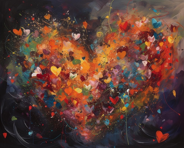 Una pintura de un corazón con muchos corazones en él.