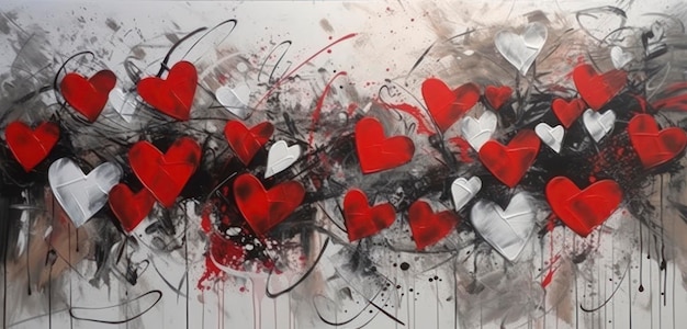 Una pintura de corazones rojos con la palabra amor.