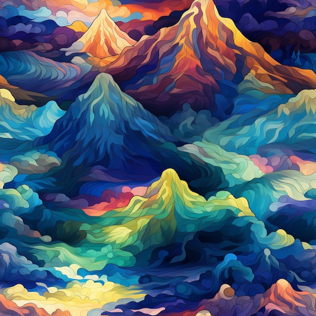 Una pintura de una cordillera con un cielo colorido y nubes generativas ai